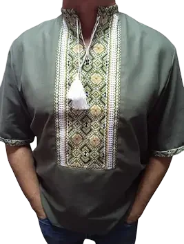Men’s hand-embroidered vyshyvanka. Khaki