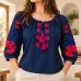 Women's embroidered blouse Flower Night - navy blue with red embroidery