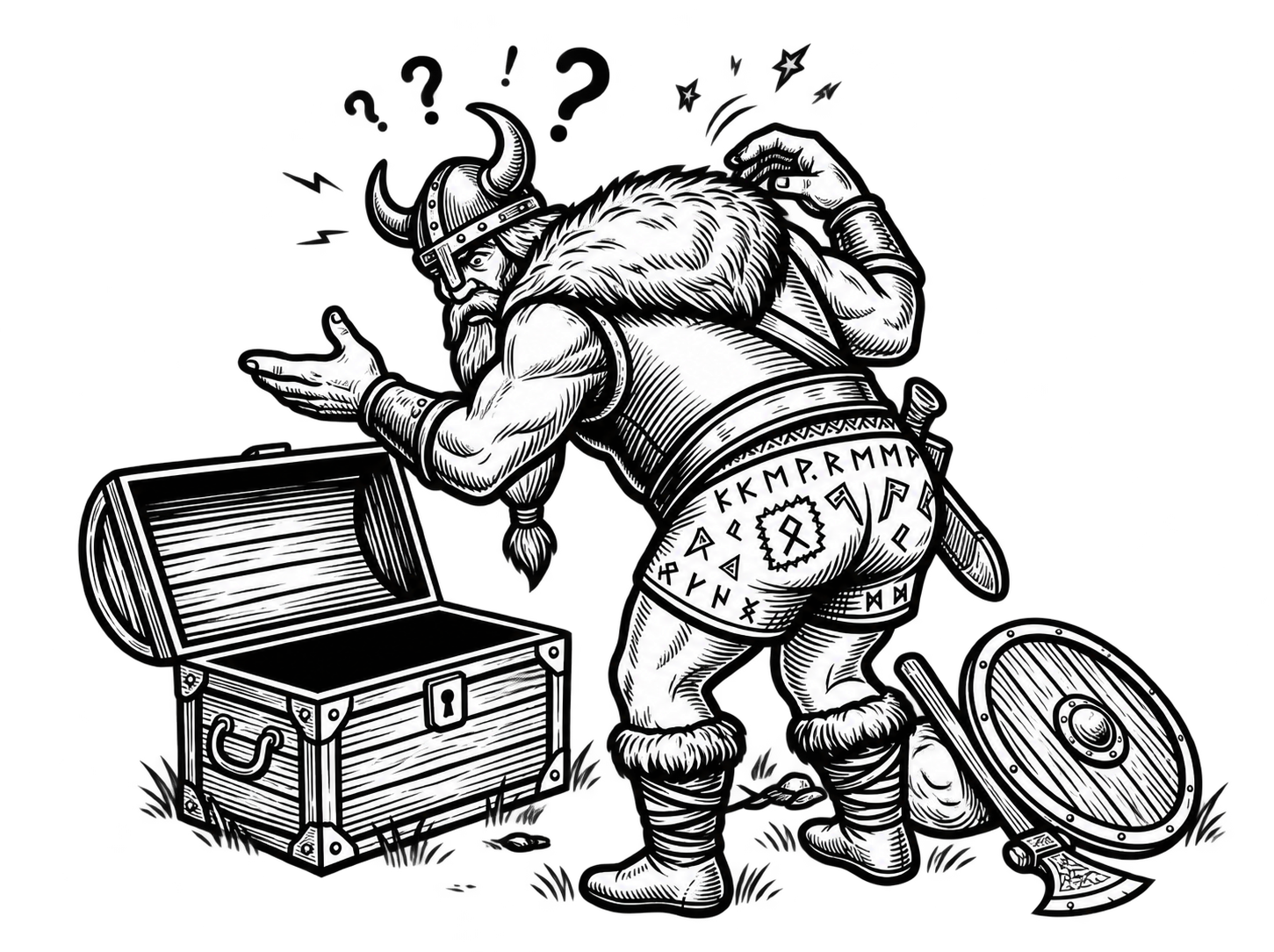 A puzzled warrior beside an empty chest